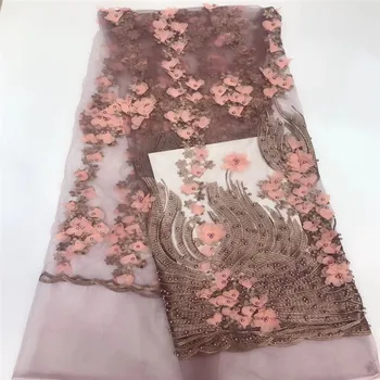 

Latest African Net Lace Fabric Applique With Beads Good Quality French Tulle 3d Lace Fabric For Party Dress H517-2