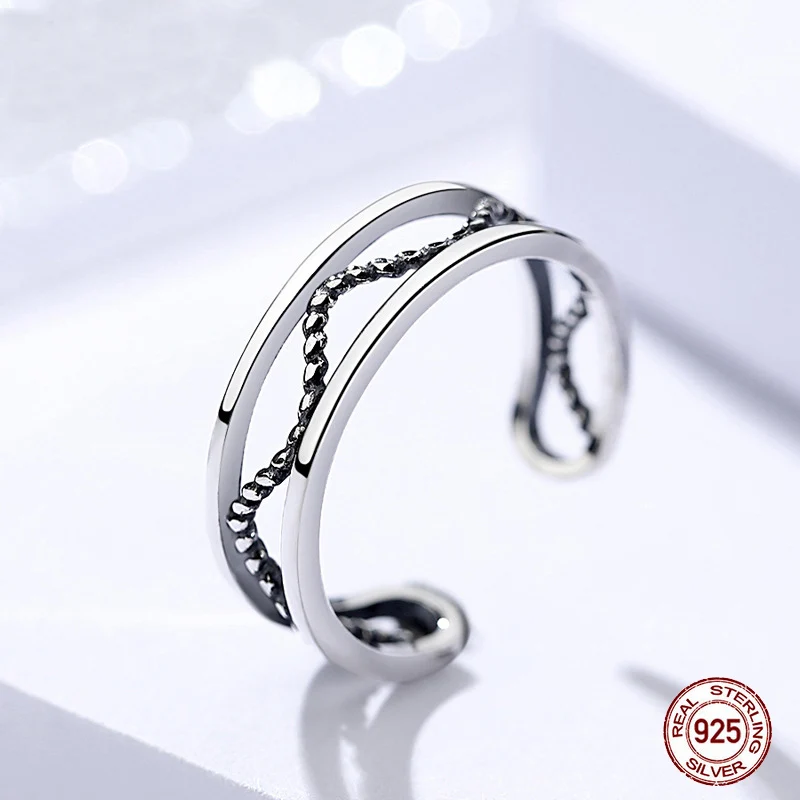

Sterling Silver 925 Vintage Wave Ring Woman Thai Silver Retro Letters One Size Adjustable Anniversary Ring Jewelry Gift