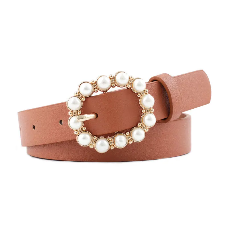 Fashion Pearl Decorative Belt Ladies Belt Round Pin Buckle Pearl Belts Women's Casual Solid PU Leather Thin Belt - Цвет: camel