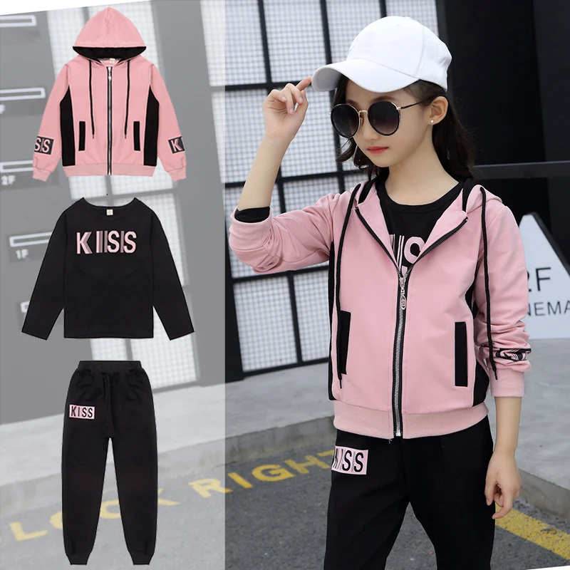 

Teenagers Child Autumn Spring Girls Clothes Baby Cotton Tracksuit Brand Sport Sets 3PCS Zipper Jacket+t-shirt+pants Suits