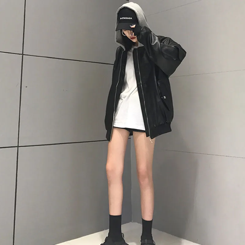 Hooded BF Harajuku Patch Bomber female Jacket Loosen PU Coats Black Leather Jacket Coat Women Oversize Basic Coat Jacket Hooded BF Harajuku Patch Bomber female Jacket Loosen PU Coats Black Leather Jacket Coat Women Oversize Basic Coat Jacket