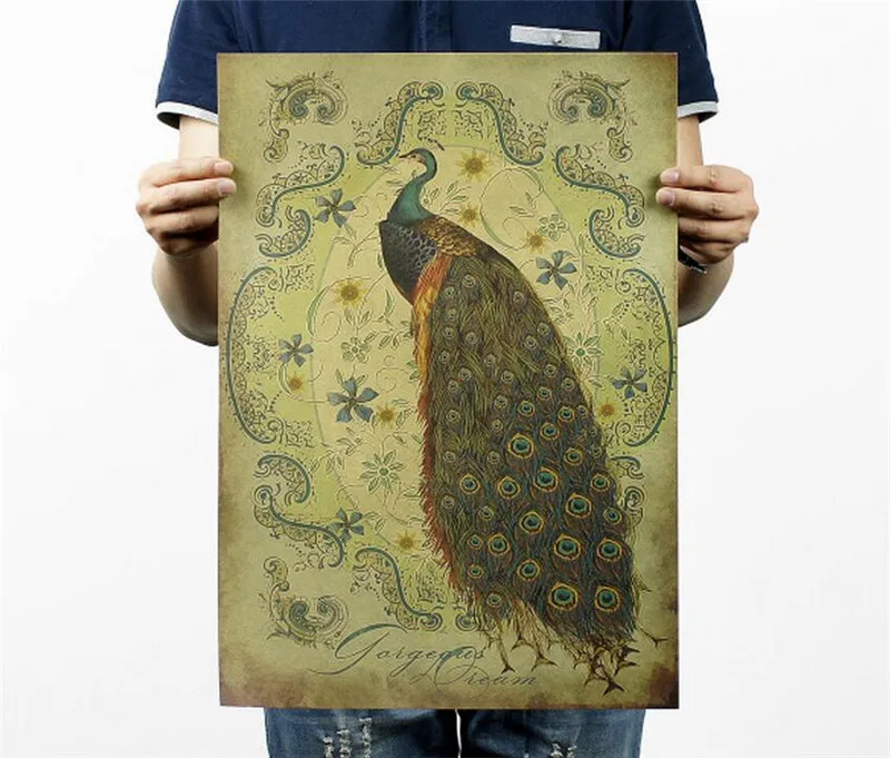 Vintage classic hand-drawing peacock A style poster retro kraft paper bar cafe home decor painting wall sticker 51x35cm