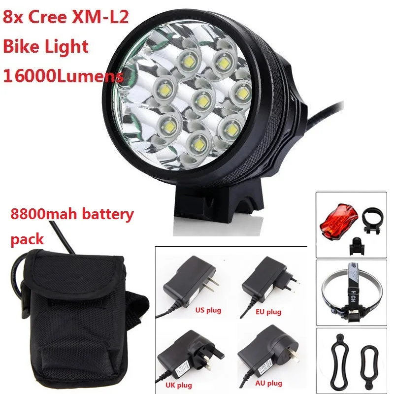 

16000 lumens Led Bike Light 8*Cree XM-L2 Led Cycling Bicycle Light For Bike + 8.4v 8800mah Battery Pack Charger+Bike rear light