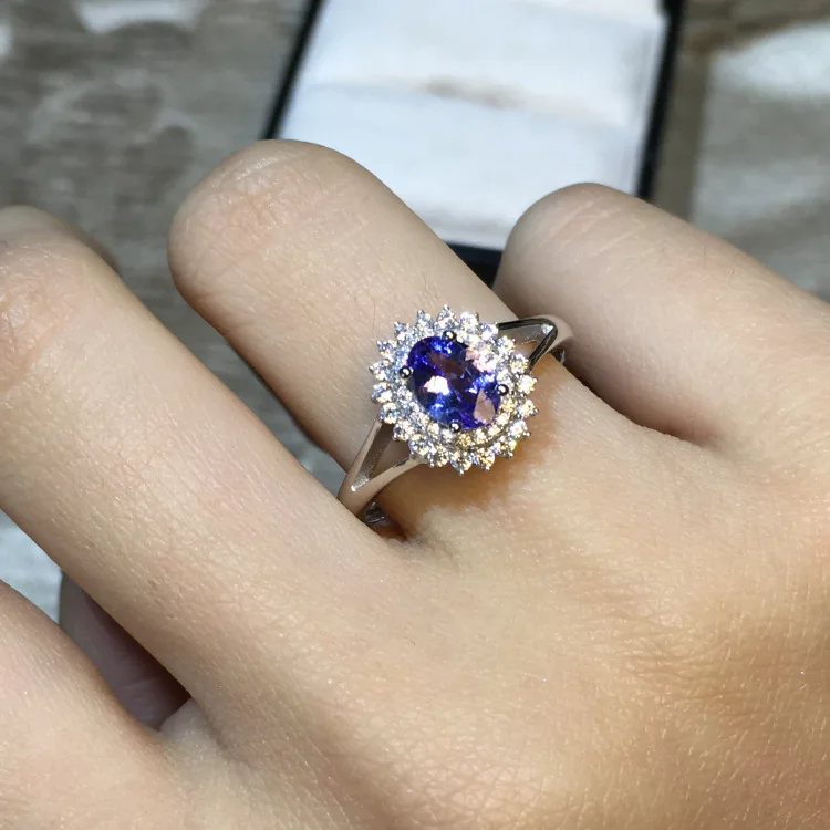 

925 Sterling Silver Tanzanite Engagement Ring Oval Natural Stone 5 x 7 mm Adjustable Size for Birthday Mother's Gift