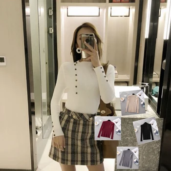 

Fannic Women's Fashion Half High Collar Button Design Knit Bottom Pullover