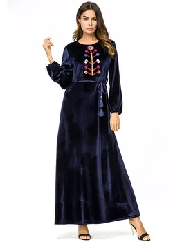 

2019 Autumn Islamic Dress Abaya Muslim Moroccan Kaftan Arabic Robe Musulmane Velvet Long Sleeve Turkish Caftan Dubai Arab 7239