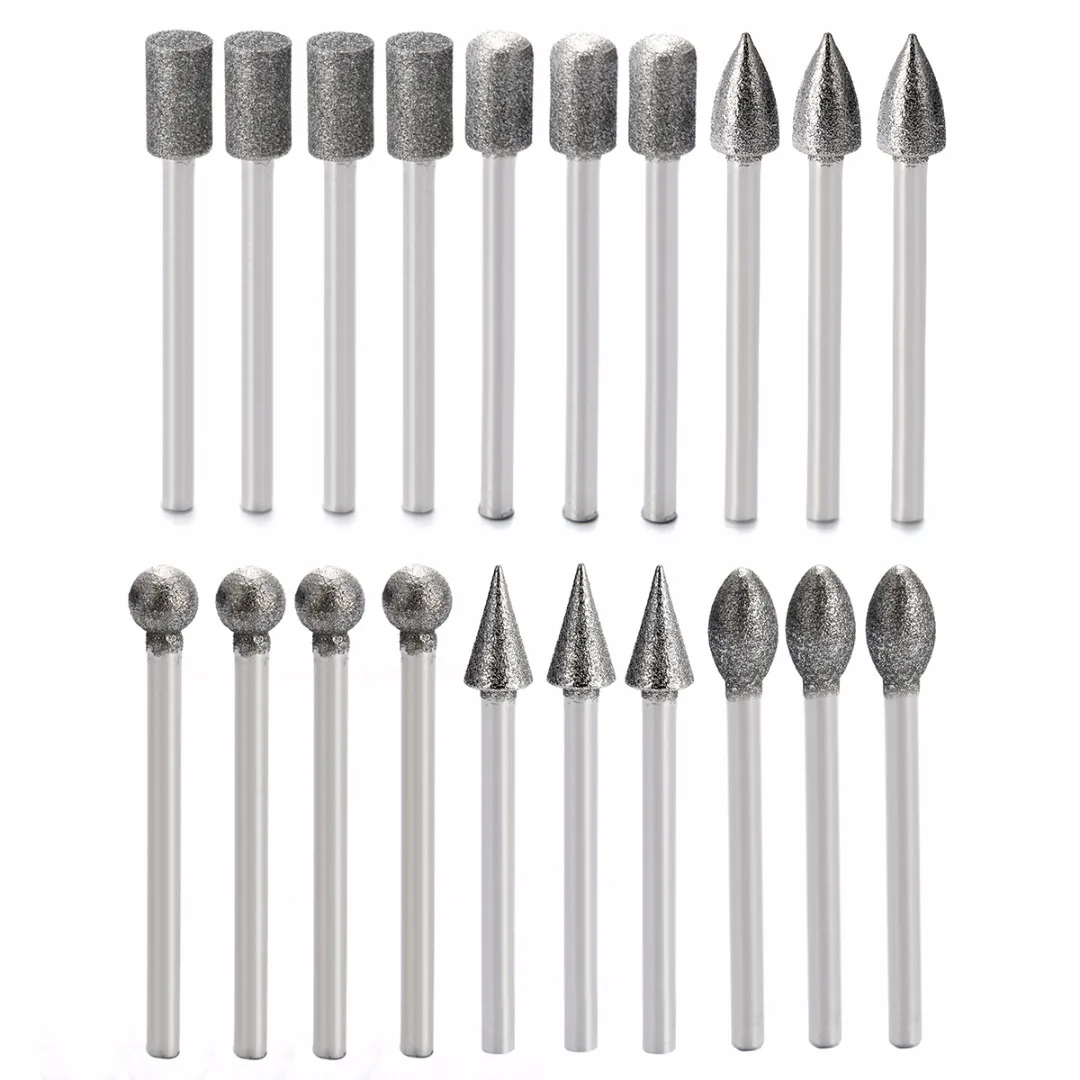 20pcs 3mm Shank Diamond Grinding Heads Mini Rotary Drill Burrs Bit Set for Grinders Hanging Mill Glass Carving Mayitr