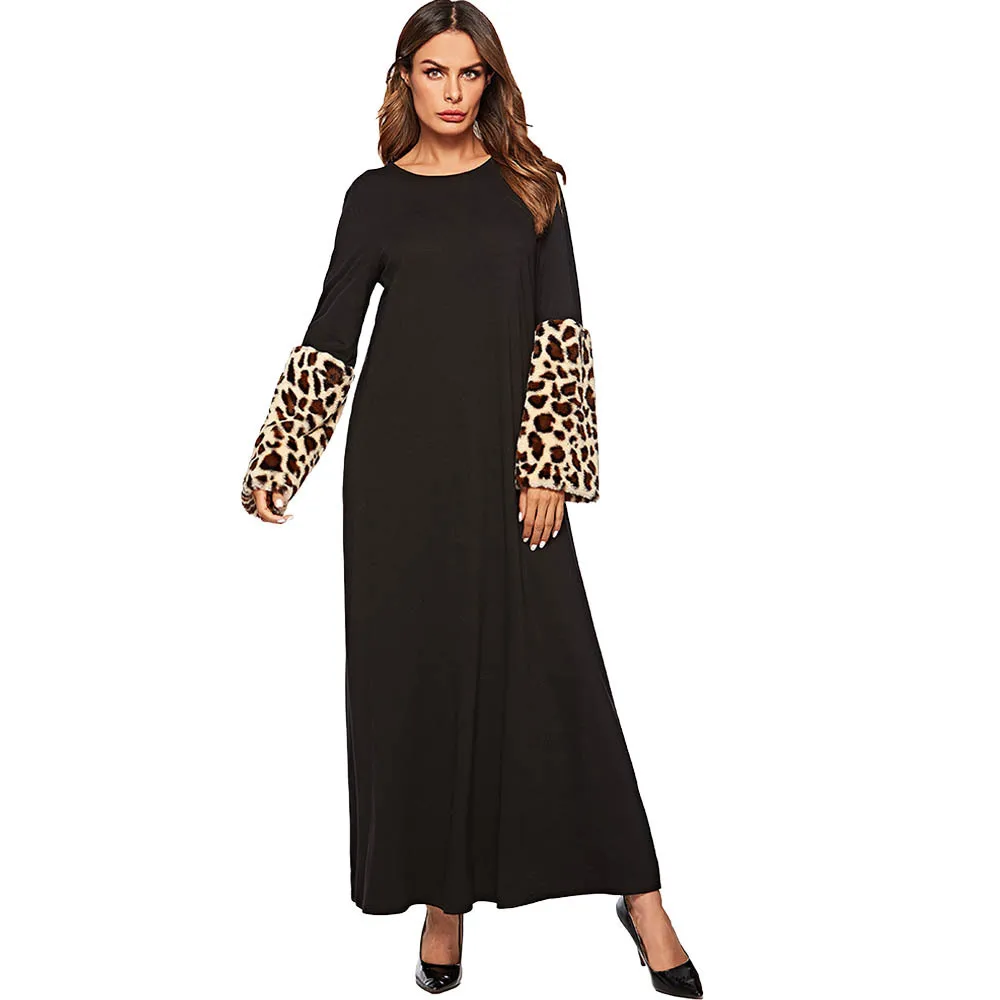 

2019 Women Muslim Abaya Dress O Neck Leopard Sleeve Plus Size 4XL Dubai Turkey Islamic Dress Robe Femme Musulmane Kimono Abaya