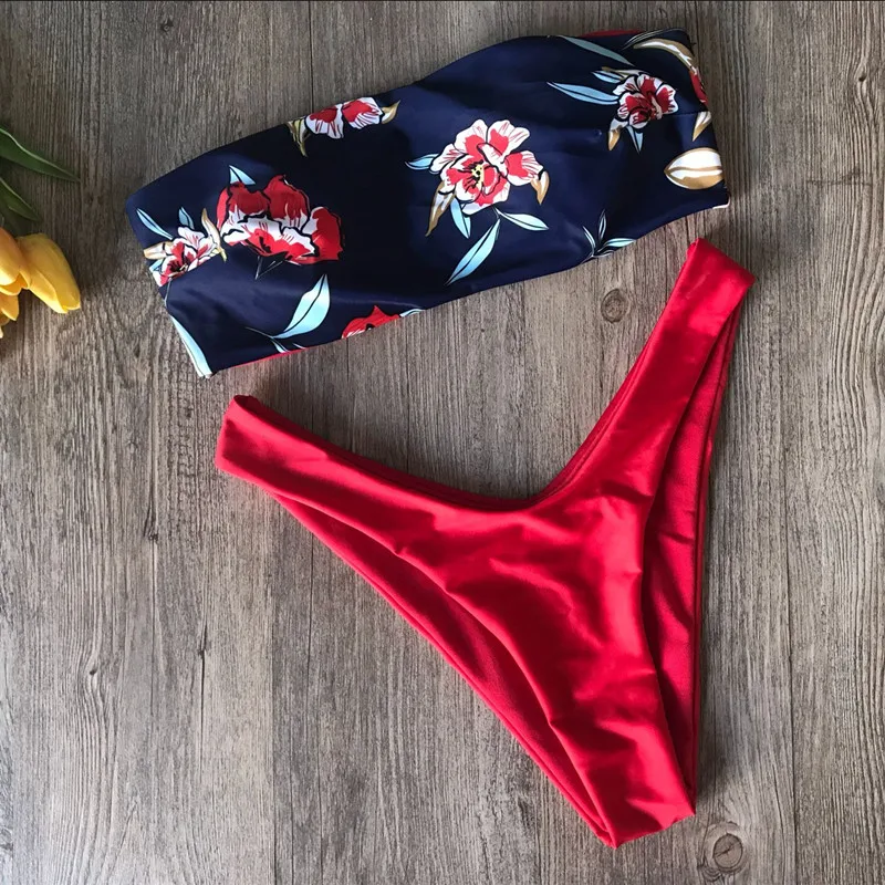 

Female Swimsuits 2019 New Arrival Girls Sexy Bikini Red Brazilian Bikini Low Waist Pant Swimwear Two pieces Floral Swim Suits