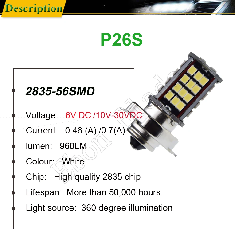 2 шт., светодиодный фонарь для мотоцикла P26S 2835 56SMD, фара для скутера, мопеда, белый, 6 в, 12 В, 24 В, 30 в, DC