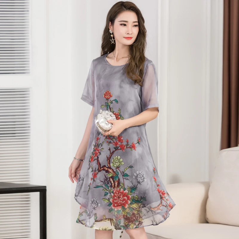 

2019 Summer New Women Elegant Printed Dress Vintage O-neck Short Sleeve Plus Size M-3XL Party Dress Silk Chiffon Female Vestidos