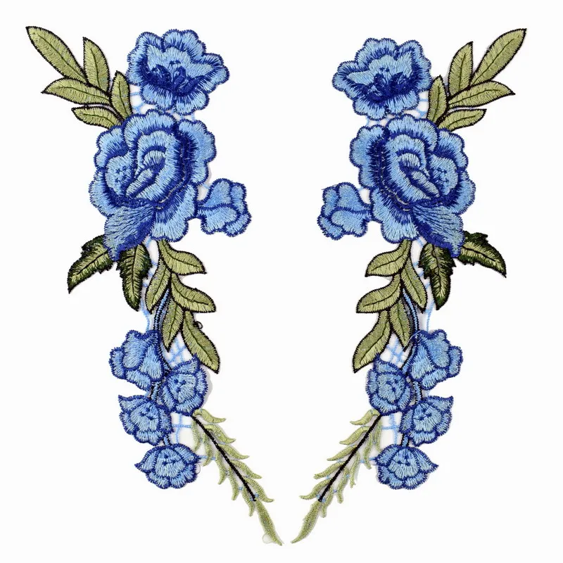 Pair of Blue Rose Patches Iron On Sew On Embroidered Patch Badge Roses