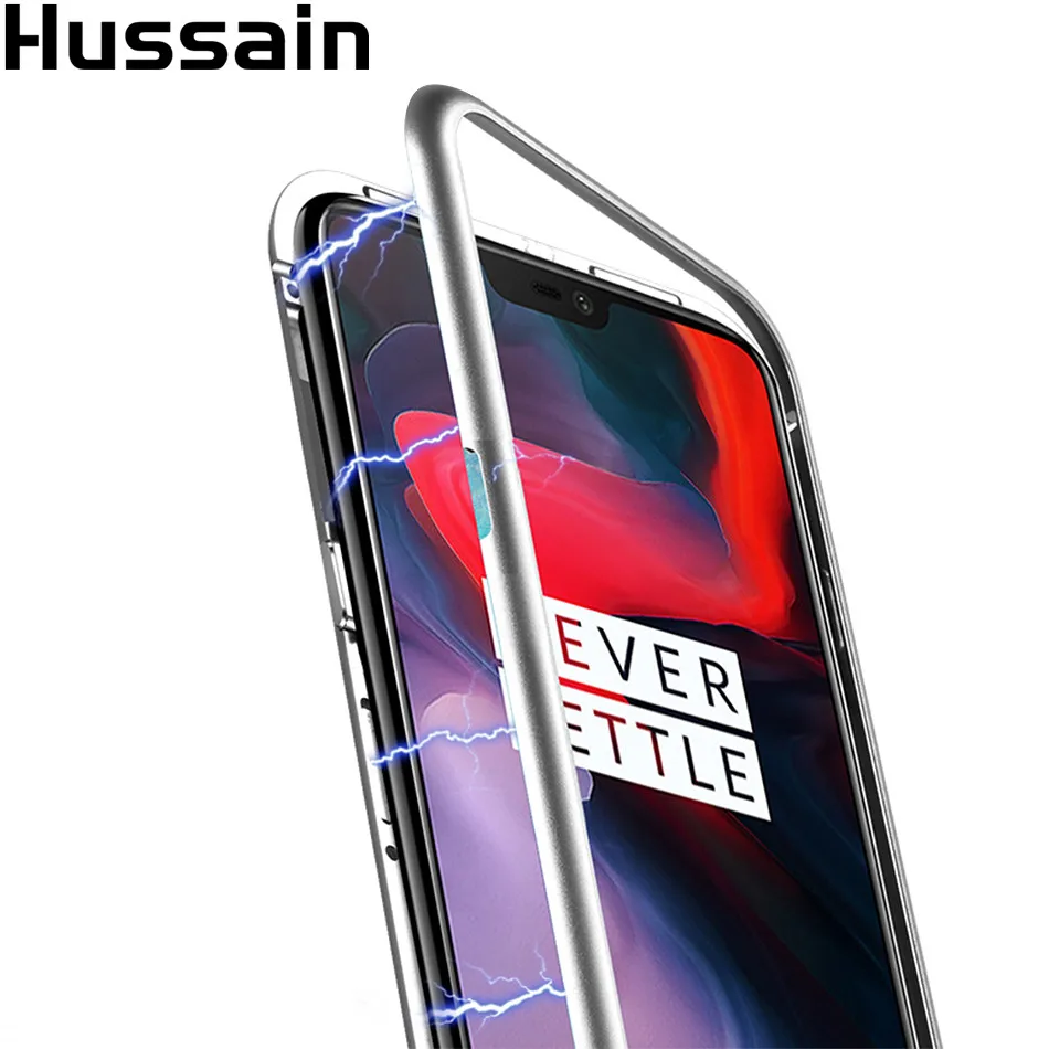 

HUSSAIN Magnetic Adsorption Metal Case Tempered Glass Back Magnet Cover For OnePlus 6 Double Sided Glass Case