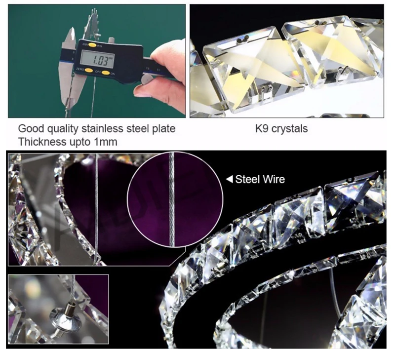 Современный подвесной светильник высокого класса 65 Вт Светодиодный светильник K9 хрустальная люстра с бриллиантом 3 кольца кольцо из нержавеющей стали