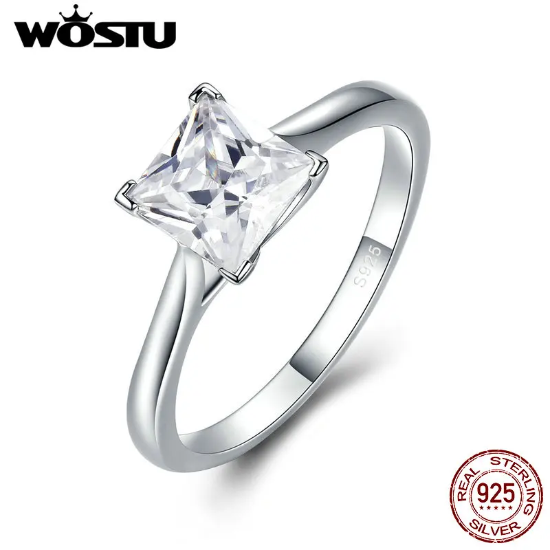 

WOSTU Hot Sale Real 925 Sterling Silver Elegant Princess Cut Square Clear CZ Finger Rings For Women Luxury Jewelry Gift CQR044