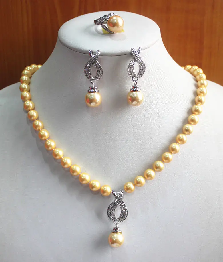 Pure Yellow Pearl Necklace Earring Ring 