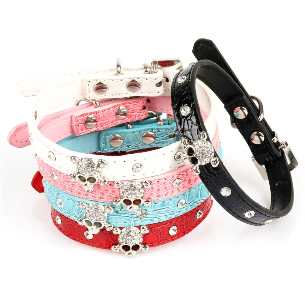 

Small Dogs Collars retractable Skull Rhinestone Puppy Product For Pets Accessories Cats Necklace tasma halsband kat