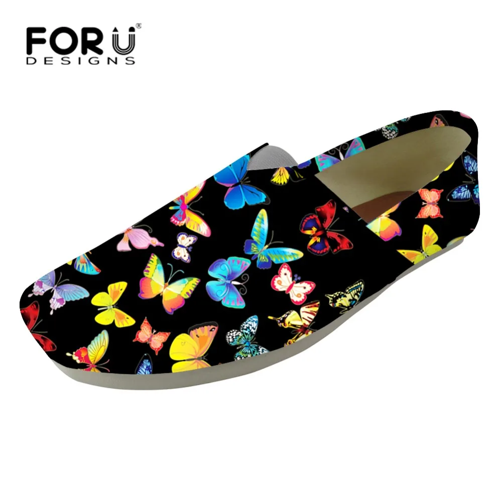 

FORUDESIGNS Black Printing Butterfly Women Flats Casual Slip-on Loafers Comfortable Female Ladies Cloth Loafers Lazy Shoes