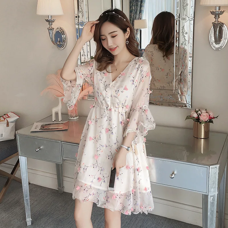 

Maternity clothes 2018 summer three-dimensional flowers floral waist chiffon pregnant women dress