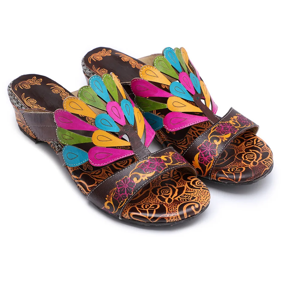 Genuine Leather Bohemian Luxury Slippers Women Shoes Vintage Handmade Peacock Design Summer Beach Slipper Slides Wedge Heels New (11)