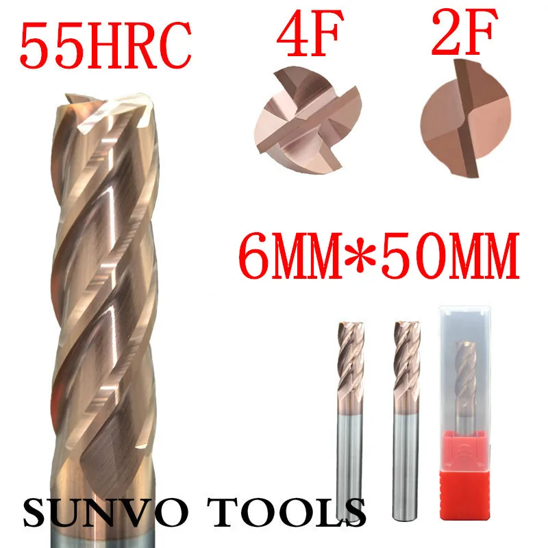 5PCS 4F 2 flutes HRC45 HRC55 HRC60 HRC65 D6x50MM Tungsten Carbide End Mill R3 ball end End Mill Aluminum milling cutter