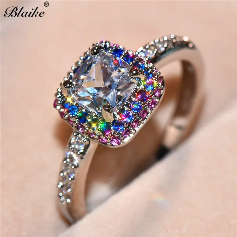 Blaike 0.8ct AAA циркон квадратный камень кольца для женщин 925 серебро Розовый Синий Кристалл Женское Обручальное кольцо Свадебные украшения