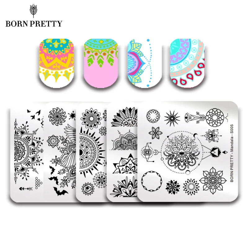 BORN PRETTY 5 Pcs Mandala Series Nail Stamping Plate Floral Butterfly Pattern Template Square Manicure Nail Art Image Plate Set