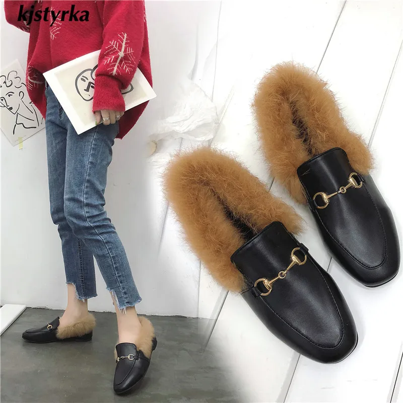 

Kjstyrka 2018 zapatos mujer Autumn winter women flats comfortable fashion Patent leather furry Ladies loafers sapato feminino