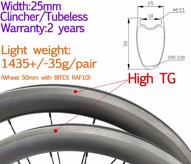 Ширина 25 мм карбоновые велосипедные клинкерные бескамерные колеса 50 мм высокая TG супер вес шоссейные велосипедные гоночные кольца керамические колеса