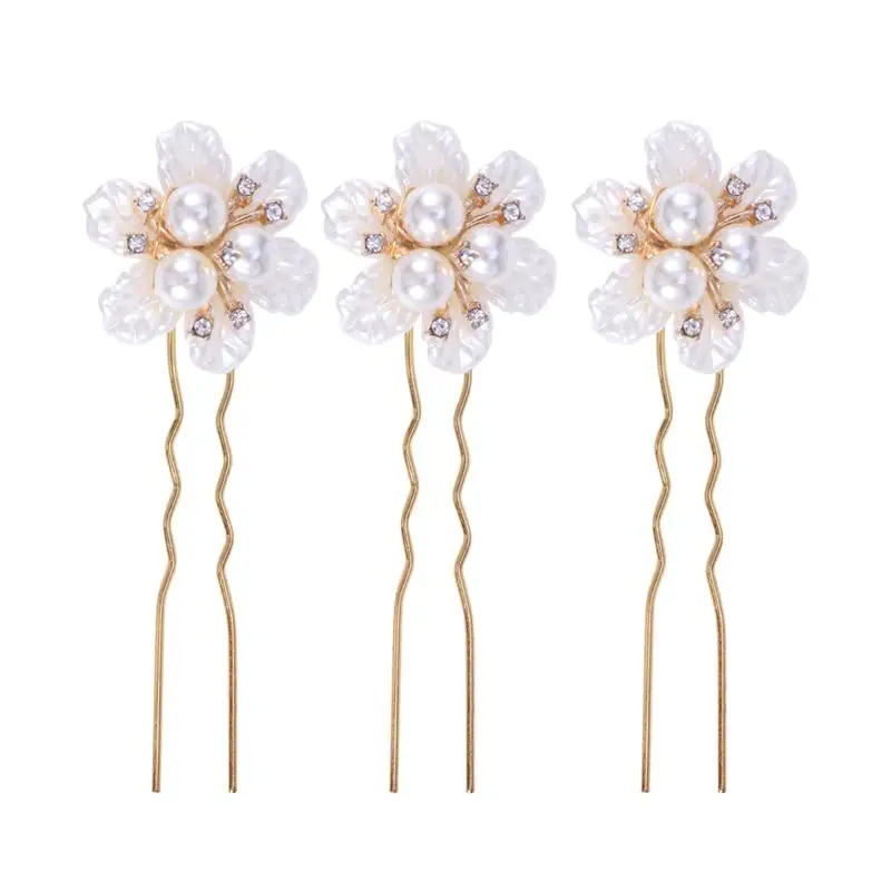 

3pcs U Shape Flower Hairpins Hair Clips Fashion Pearl Barrettes Bridal Hairpins for Wedding Party Engagement