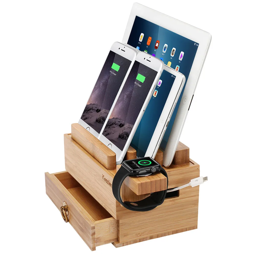 

iCozzier Mini Bamboo Stand With Drawer Multi-device Charging Station Tablet Phone Stand Dock for iPad, Smartphones, Tablets