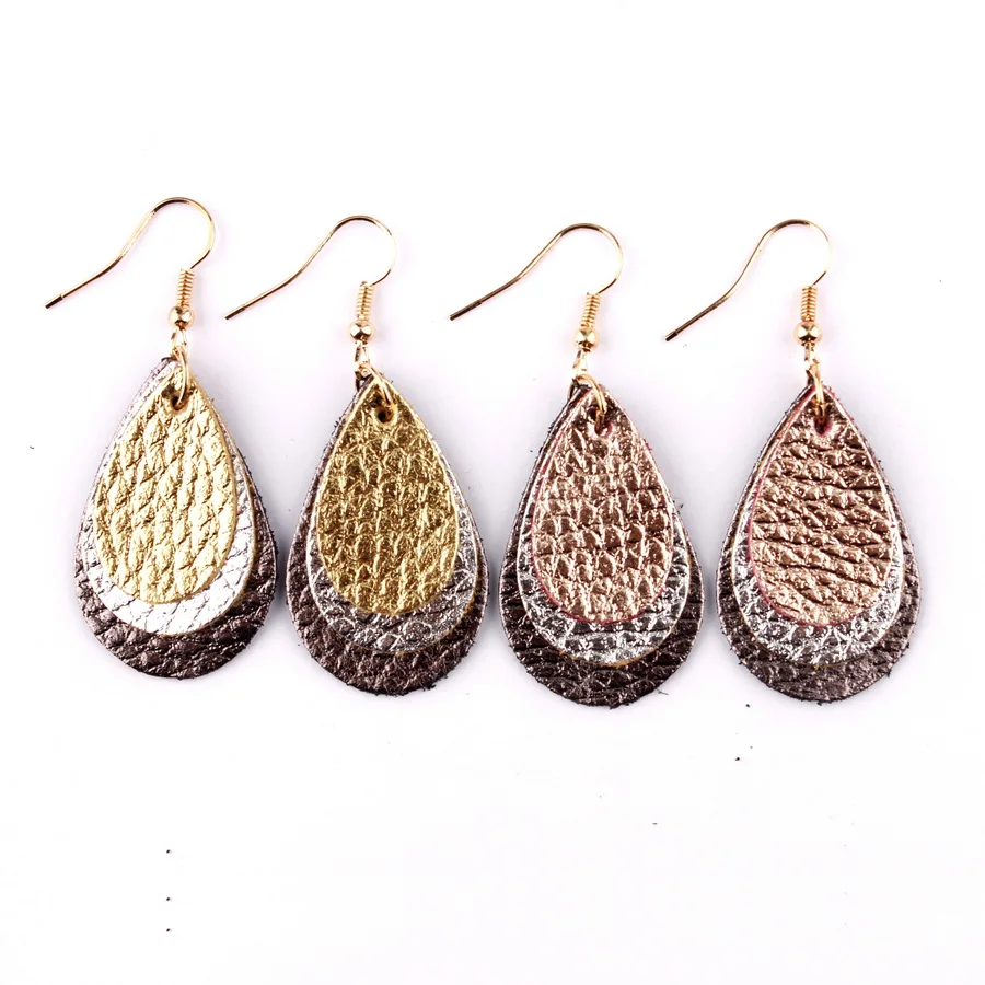 

2019 Fashion Trendy 3 Layers Stacked Genuine Leather Teardrop Dangle Drop Earrings for Women