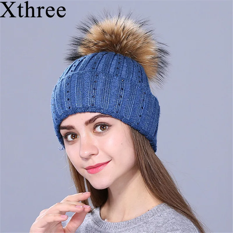 Xthree, новинка, стразы, вышивка, зимняя, шерстяная, вязаная шапка для женщин, шапочка, Skullie, теплая шапка, натуральный мех, Pom Gorro, женская шапка