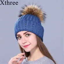 Xthree, новинка, стразы, вышивка, зимняя, шерстяная, вязаная шапка для женщин, шапочка, Skullie, теплая шапка, натуральный мех, Pom Gorro, женская шапка