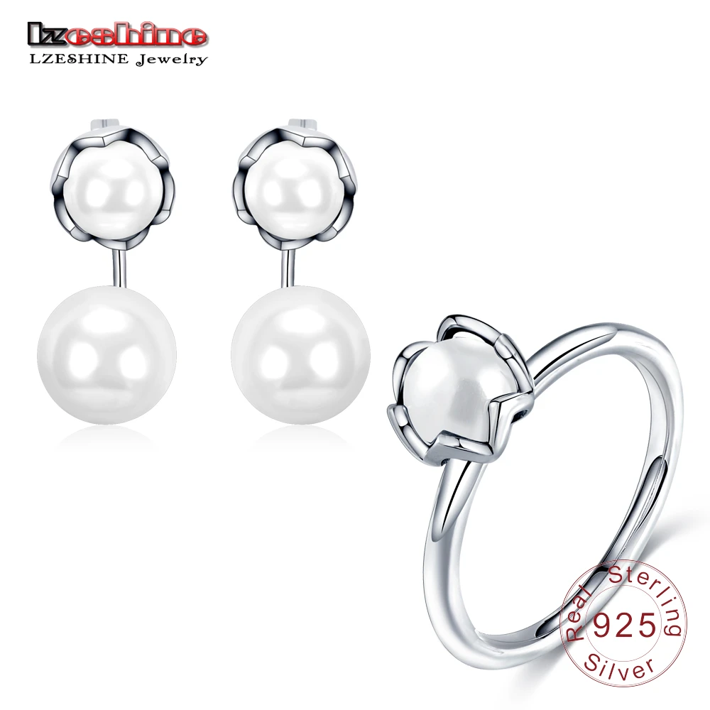 

LZESHINE Vintage White Pearl Ball Silver Earrings/ Rings Set for Women 925 Sterling Silver Jewelry Sets Accessories PSST0031-B