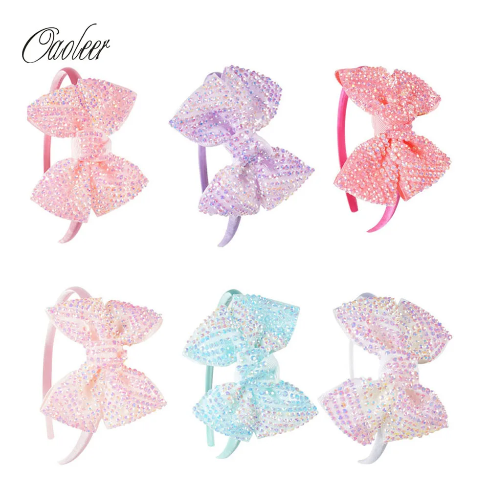 

6pcs/lot Baby Rhinestone Charms Bows With Satin Hair Band Bling Bling Headwear Children Kids Headband Hair accessories Hair Hoop