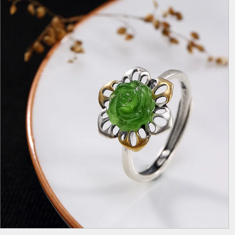 Uglyless Настоящее серебро 925 проба Bijoux натуральный нефрит зеленая Роза Открытое кольцо Роскошные яшмы кольца в виде цветков женское платье ювелирные изделия