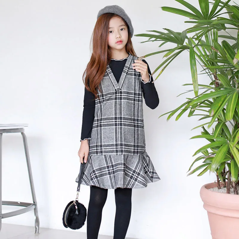 

Children's Suit With Coat Long Sleeve V Collar Base woolen & Dress Grid Fashion Academic style Comfortable New In 2018