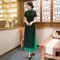 2018 Лето традиционный Вьетнам платье аозай Китайский ретро печати qipao длинные платья халат chinoise современный cheongsam aodai V823