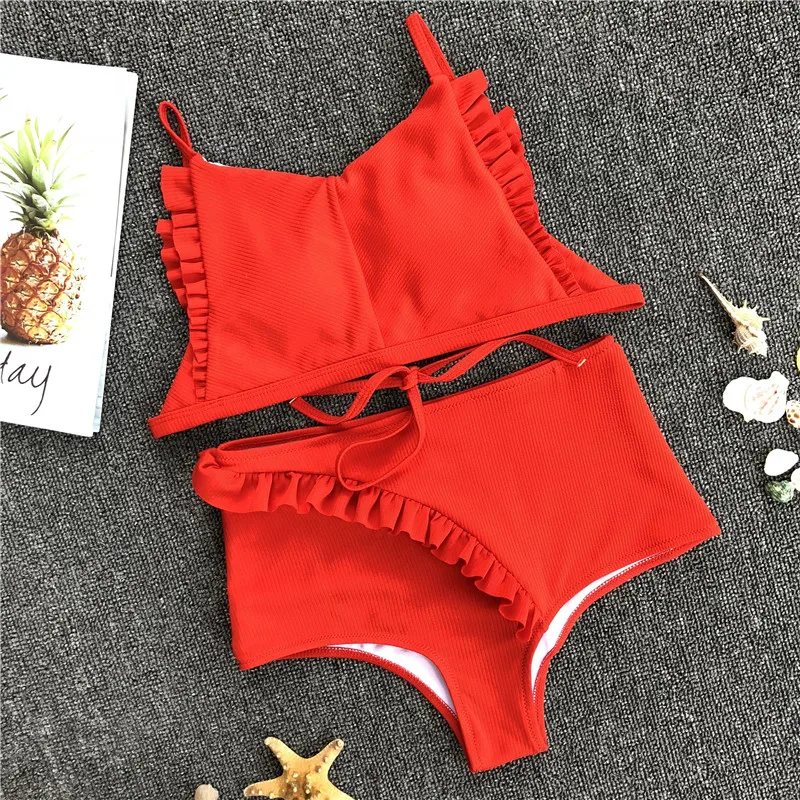 

Bikini 2018 Swimwear Women Bathing Suit Sexy Pure Color Tie Bikini Set Ruffled Swimsuit Badpak Brazilian Bikinis