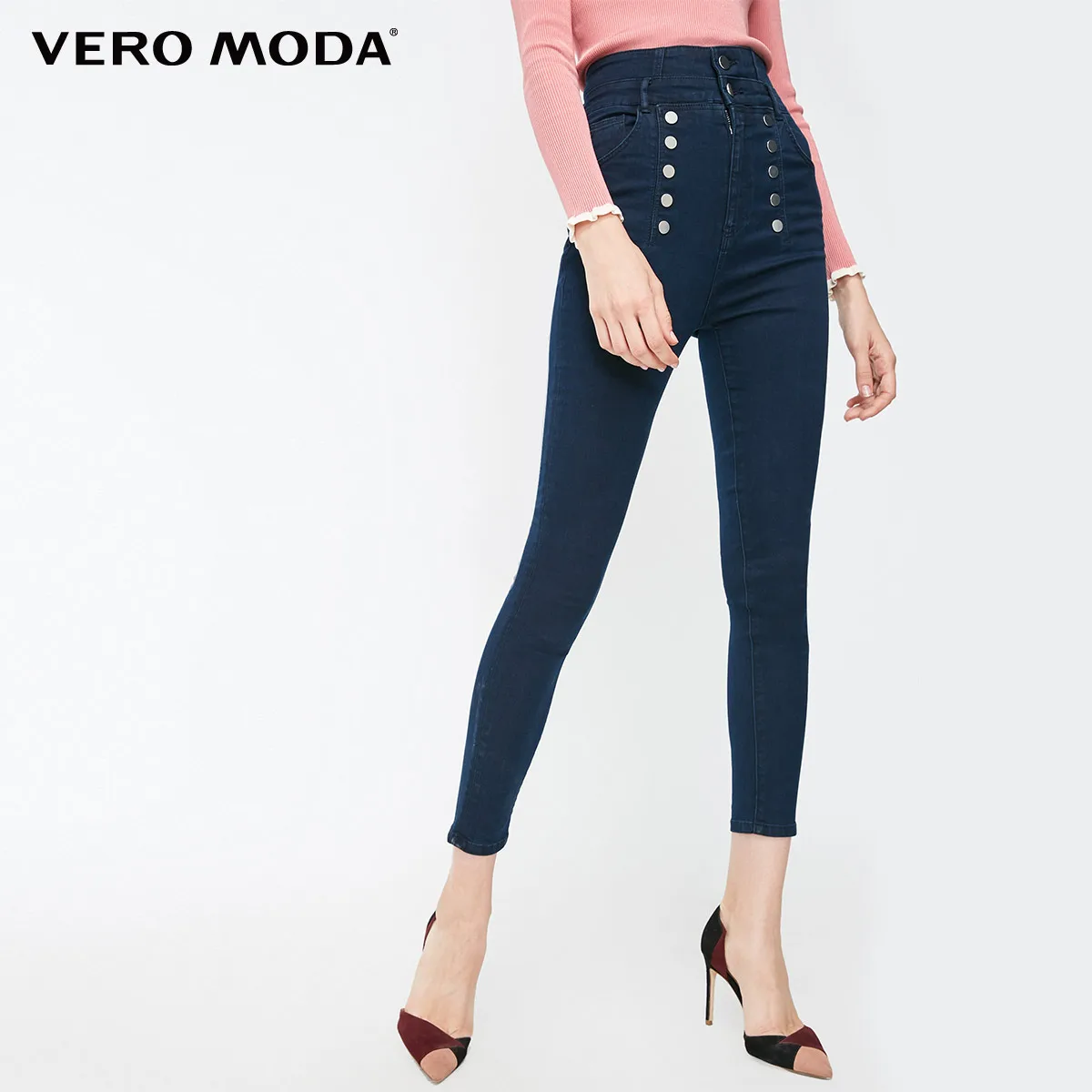 Vero Moda новые женские двубортные джинсы с высокой талией | 318349560 - Цвет: Indigo blue denim