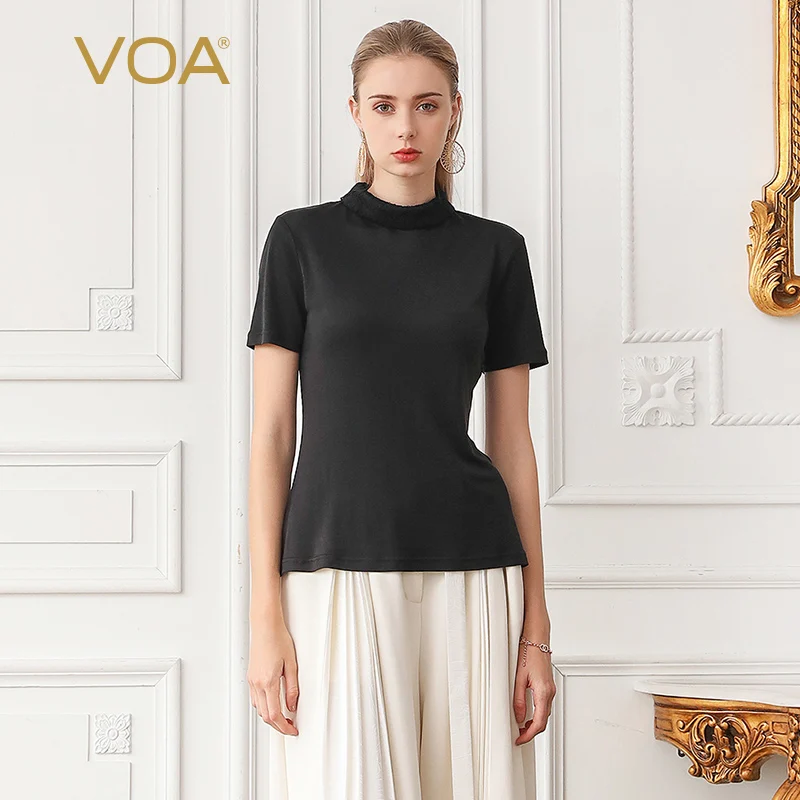 

VOA Silk T Shirt Women Basic Tee Ladies Knitted Tops Black White Navy Blue Pullover Casual Under Shirt Clothes streetwear B639