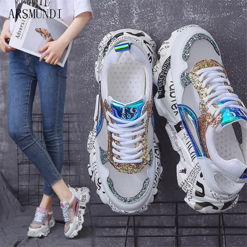 

ARSMUNDI 2019 sequins breathable mesh shoes women's summer new hollow bottom old comfortable casual shoes M712