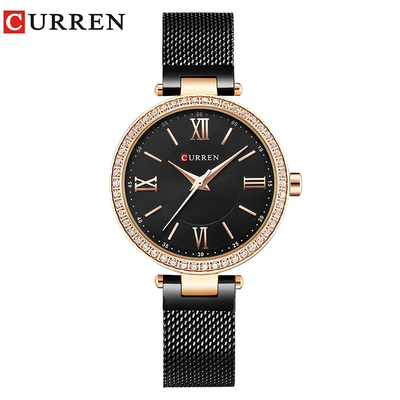 Модный бренд CURREN, Кристальный дизайн, Кварцевые женские наручные часы, нержавеющая сталь, сетчатый ремешок, повседневные женские часы, женские часы, подарок - Цвет: black