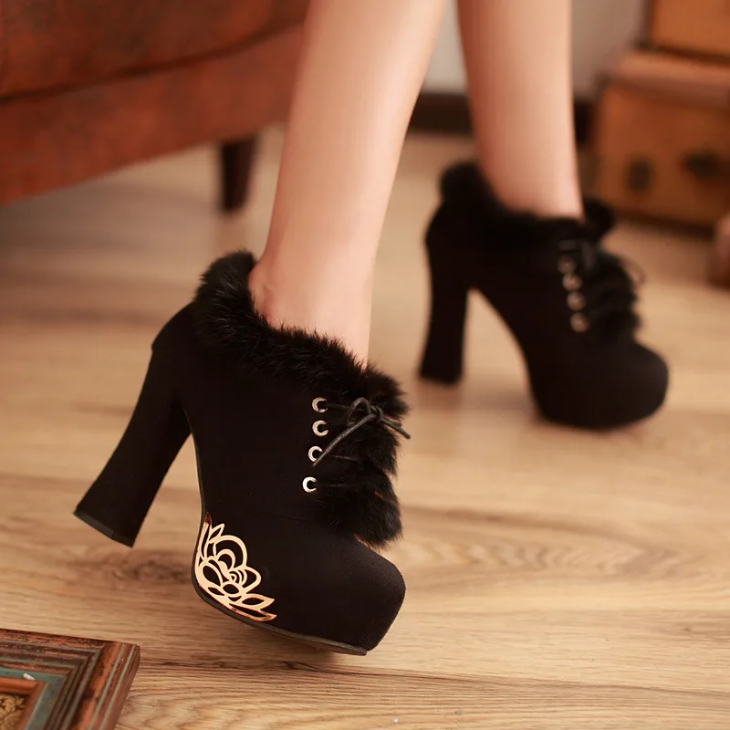 

Europe and America Winter Women Thick High Heel Platform Rabbit Fur Lace Up Round Toe Fashion Ankle Boots Size 35-39 SXQ0811
