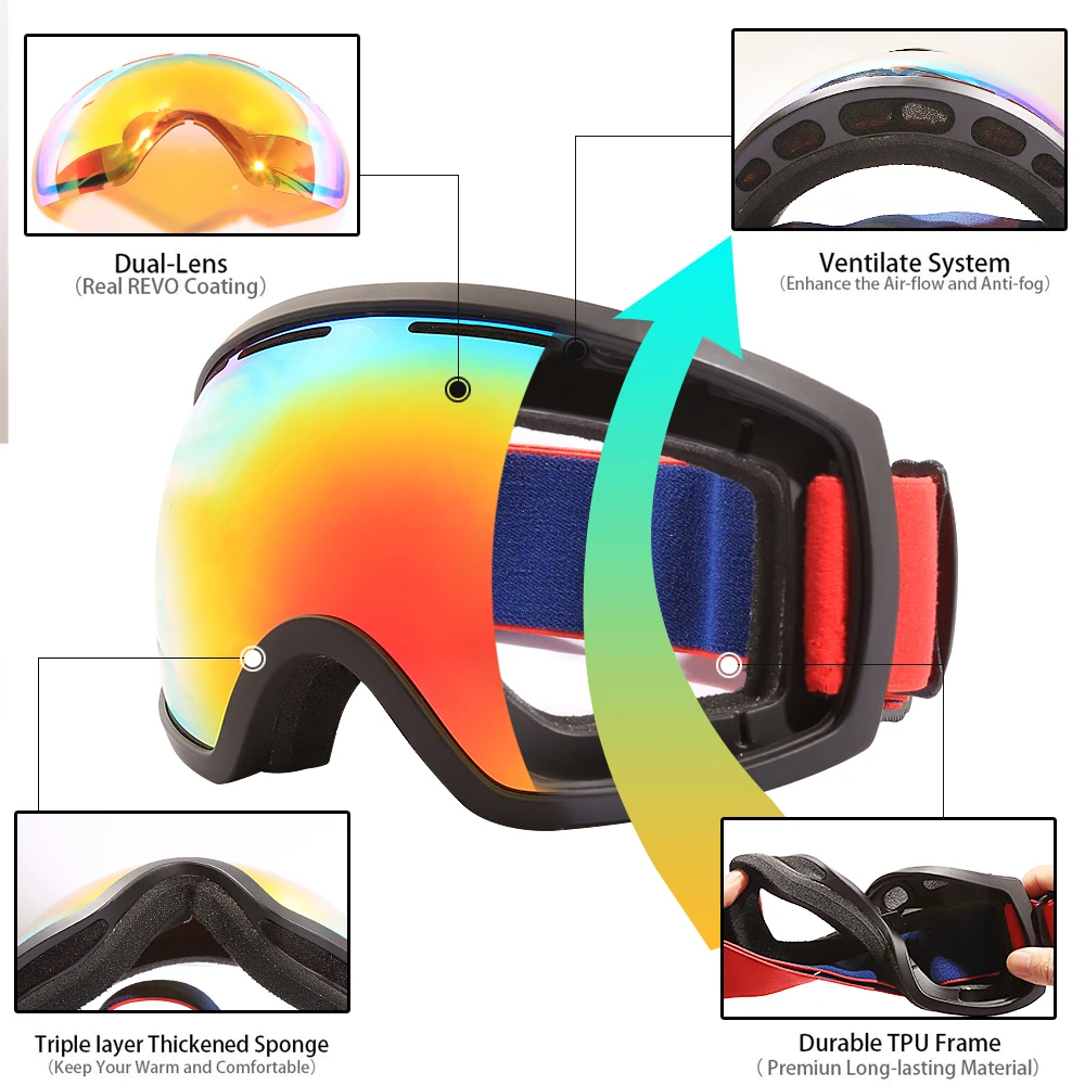 Jiepolly лыжные очки Лыжный Спорт солнцезащитные очки для лыжного спорта двухслойные линзы UV400 Анти-туман для мужчин и женщин снегод маска