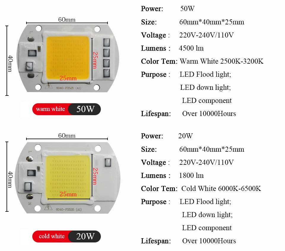 Высокая мощность COB светодиодный чип 110 В 220 В Smart IC без драйвера COB светодиодный Диод Светодиодный светильник прожектор Точечный светильник 20 Вт 30 Вт 50 Вт