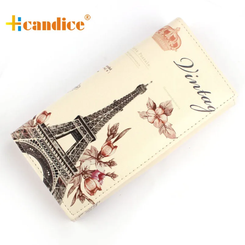  Splendid Hot Designer Famous Brand Flower Paris Tower Pattern Women Khaki Long Purse Clutch Wallet Bag Card Holder Wallet Lady 