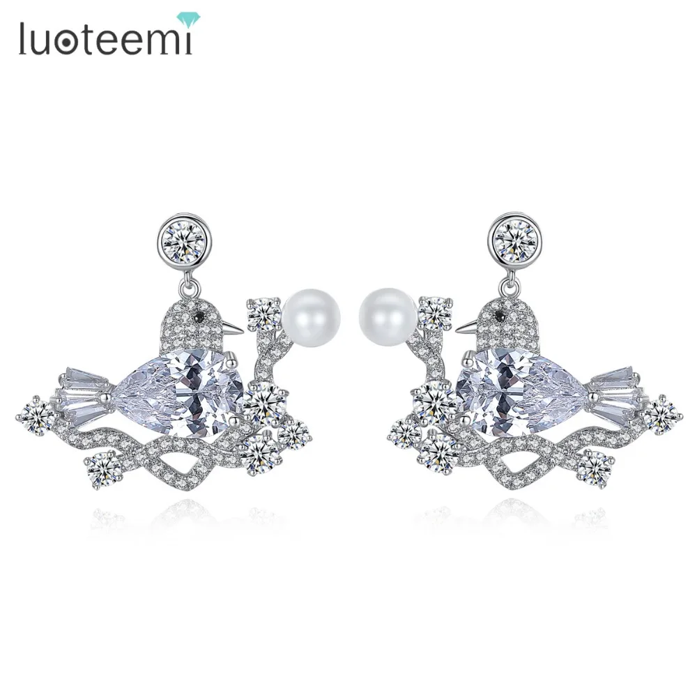

LUOTEEMI Newest Trendy Stud Earrings Fairy Magpie Shape Cubic Zircon with Imitation Pearl Brincos For Women Party Gift Jewelry