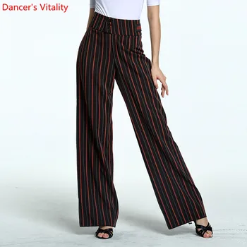 

New Women side Latin Dance Pants Adult Dance Performance Clothing National Standard Modern Dance Stripe Long Pants 5 colors